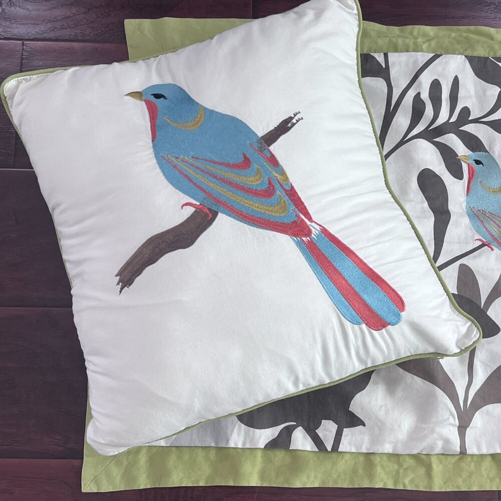 Embroidered Accent Pillow 15" Square & Standard Sham Set Colorful Bird Design - Picture 9 of 12